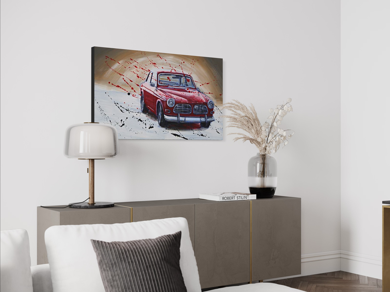 Een schilderij met een Volvo Amazon