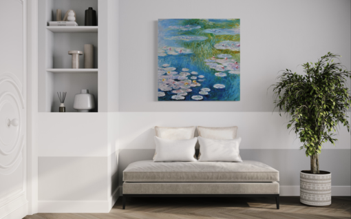 Een schilderij met waterlelies
