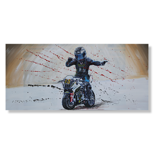 Een schilderij met een racemotor