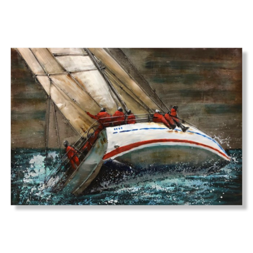 Een kunstwerk met een zeilboot in een stormachtige zee.