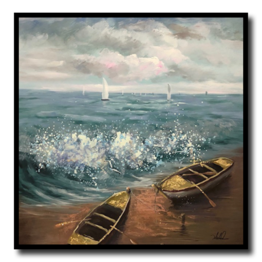 Een schilderij met boten