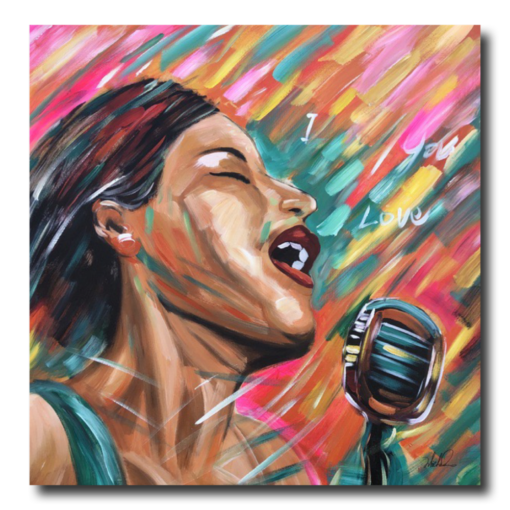 Een schilderij met een zingende vrouw