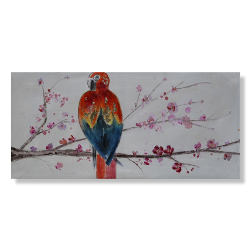 Een schilderij met een papegaai