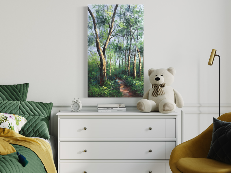 Een schilderij met een bosje