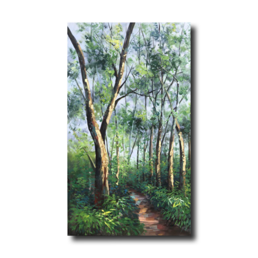 Een schilderij met een bosje