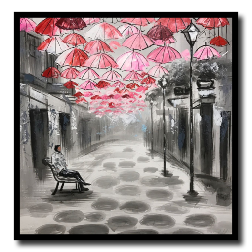 Een schilderij met paraplu's