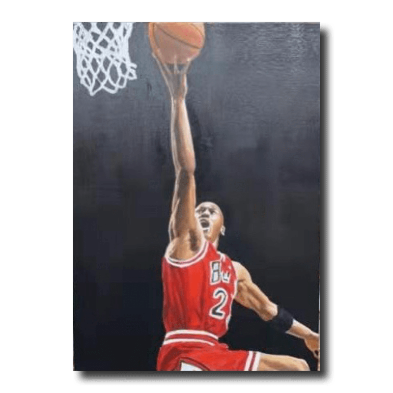 Een schilderij met een basketbalmotief
