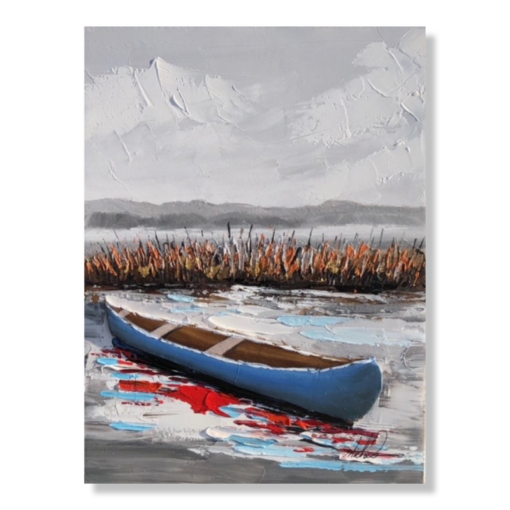 Een schilderij met een kano