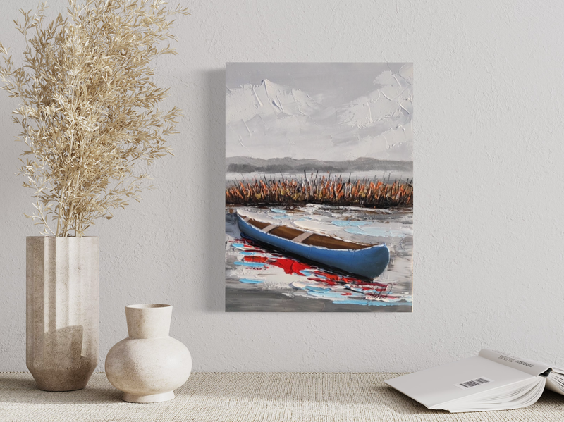 Een schilderij met een kano
