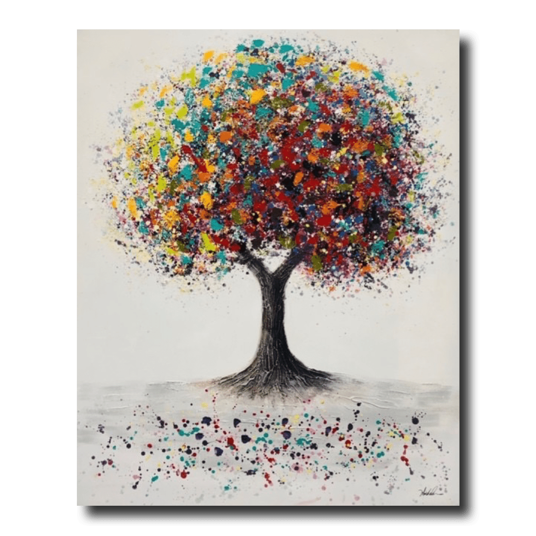 Jättestor målning utav ett färgglatt träd