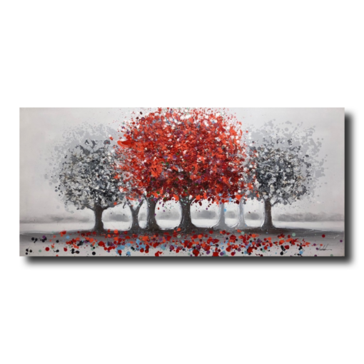 Een schilderij met een rode boom