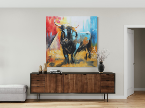 Een schilderij met een stier