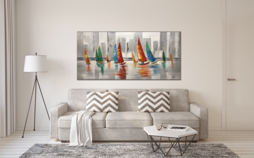 Een schilderij met boten