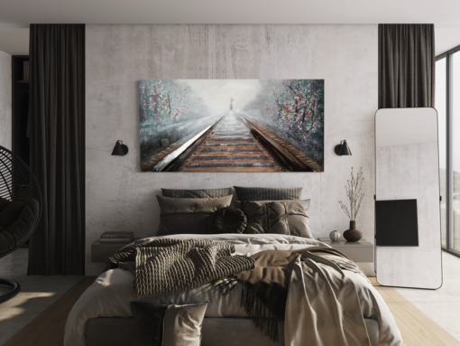 Een schilderij met een trein
