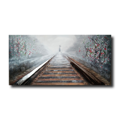 Een schilderij met een trein