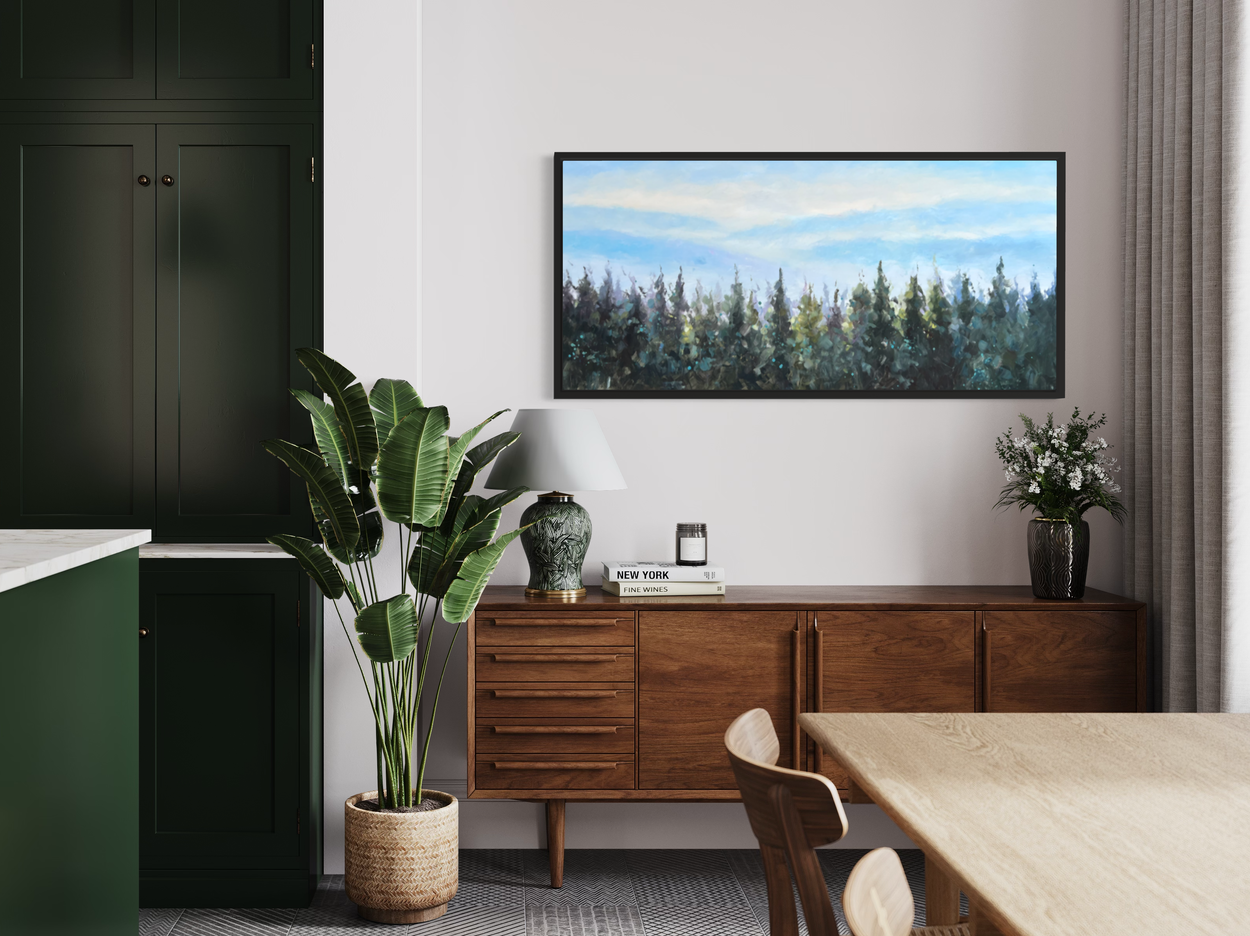 Een schilderij met een bos