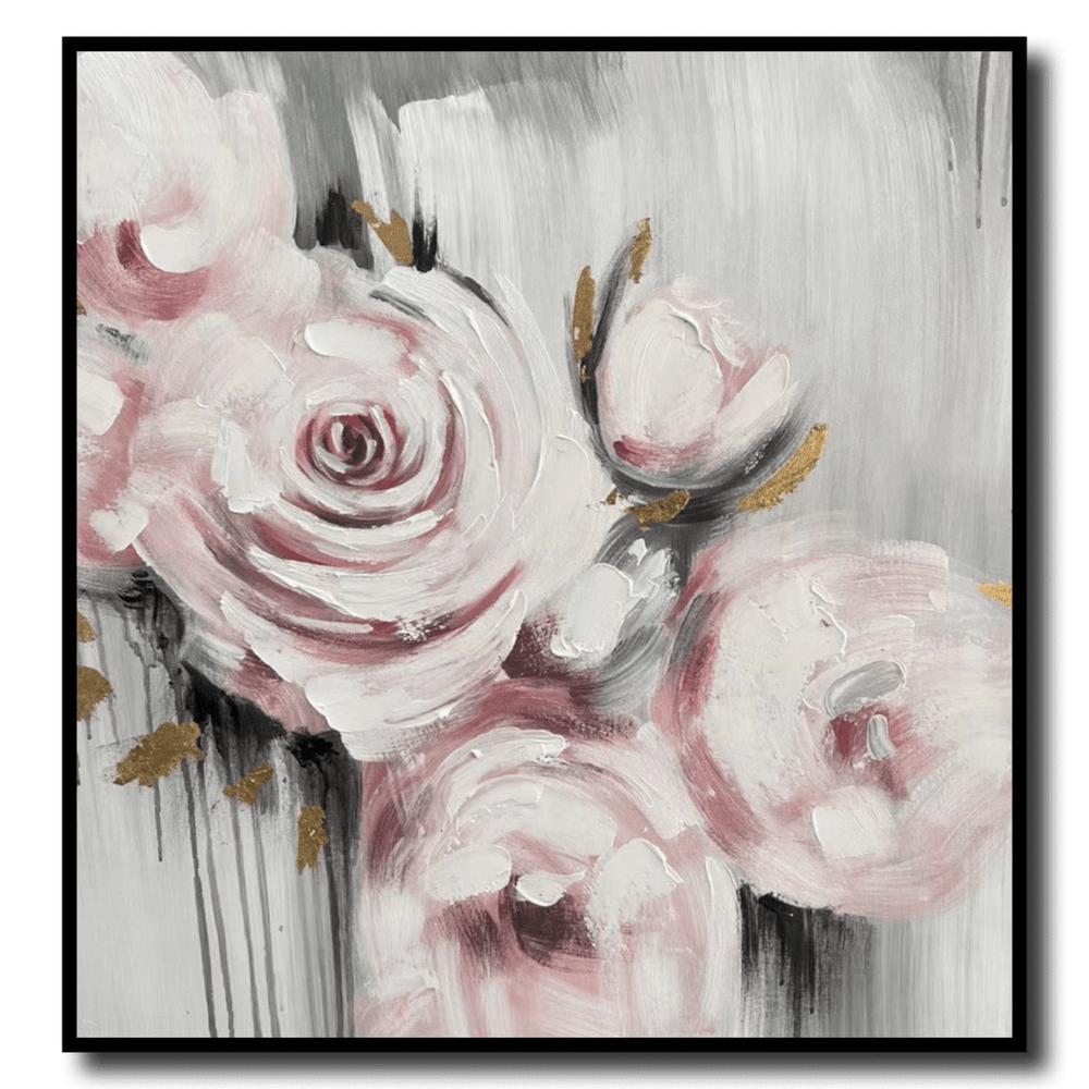 Een schilderij met roze rozen