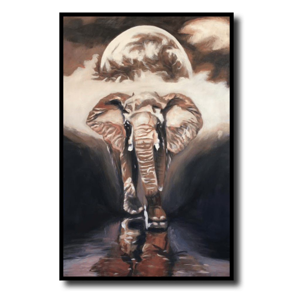 Een schilderij met een olifant