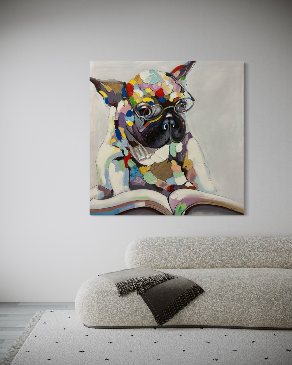 Een schilderij met een Franse bulldog