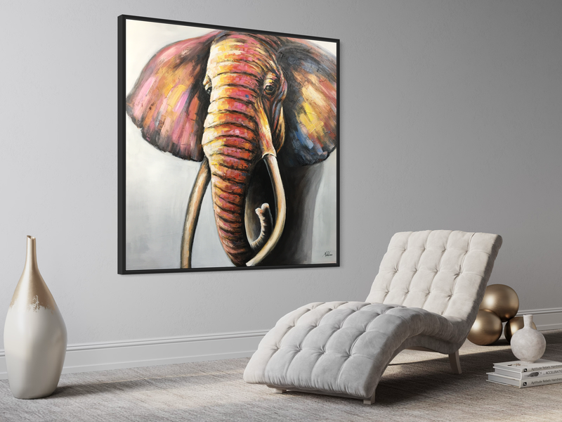Een schilderij met een olifant