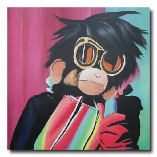 Een schilderij met een aap