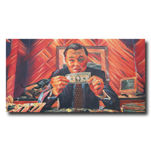 Een schilderij van Leo als the Wolf of Wall Street.