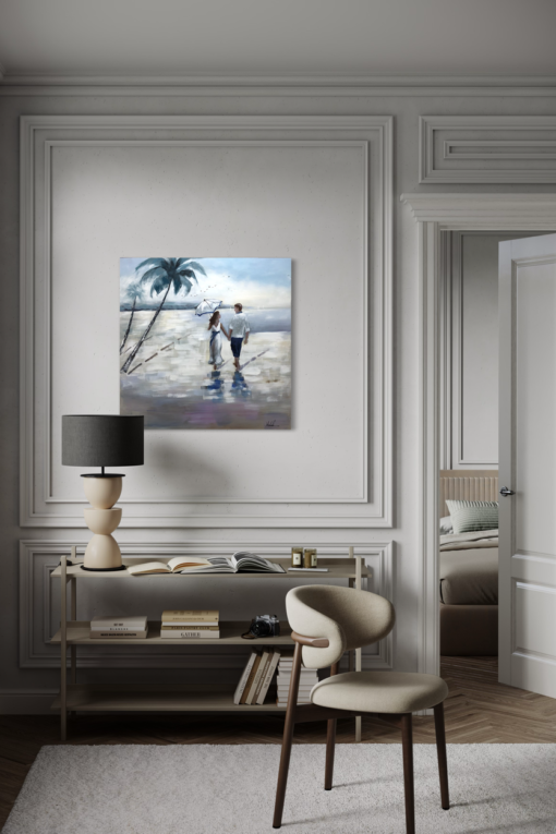 Een schilderij met een strandmotief