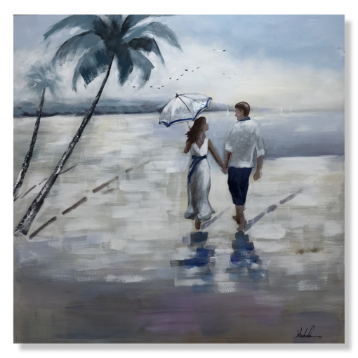 Een schilderij met een strandmotief
