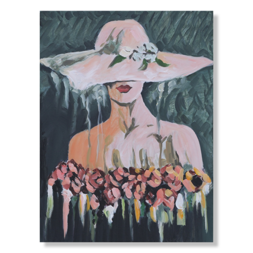 Een prachtig schilderij van een vrouw en haar rozen.