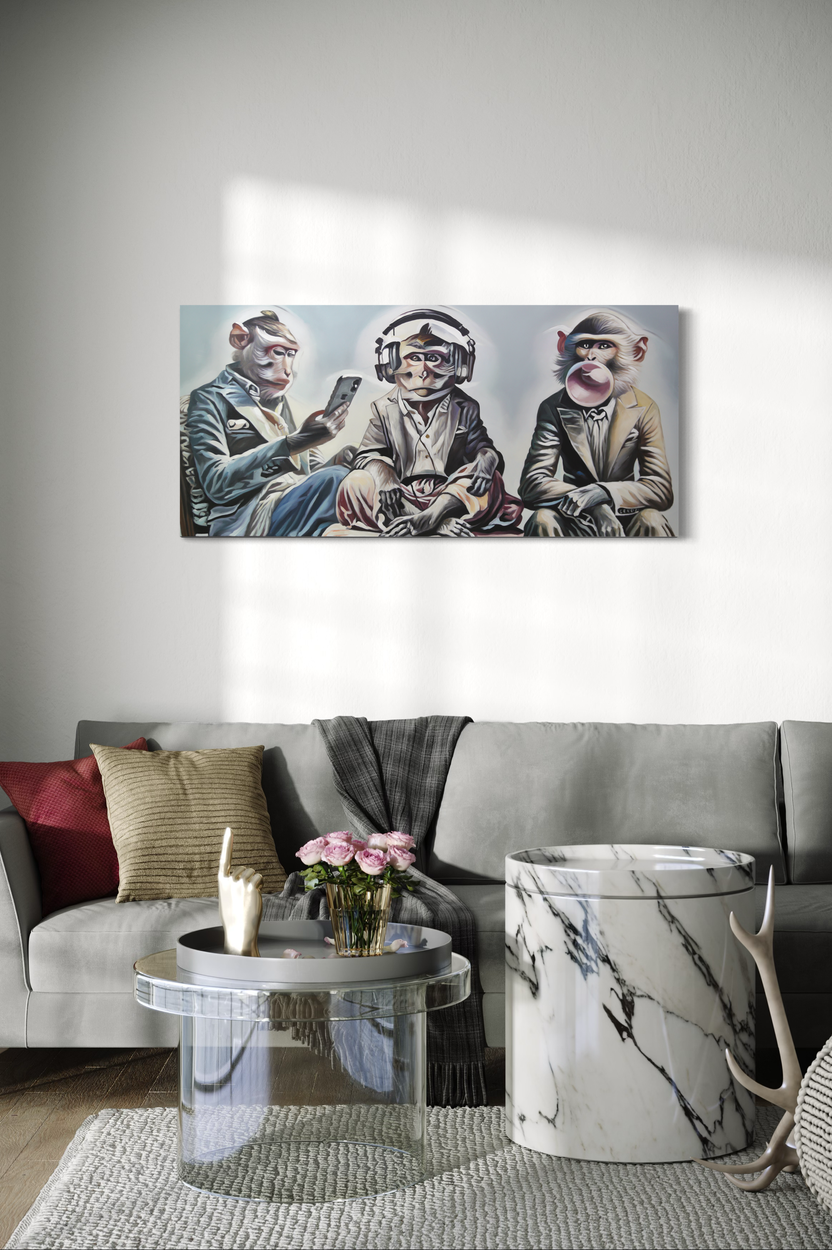 Een schilderij met drie apen