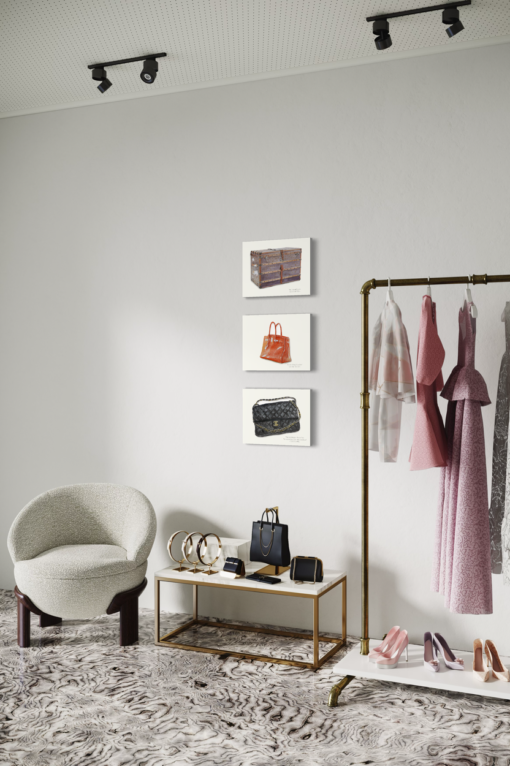 Ett canvasprint med en Birkin, Chanel och en Louis Vuitton