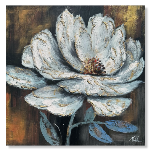 Een schilderij met een grote witte bloem