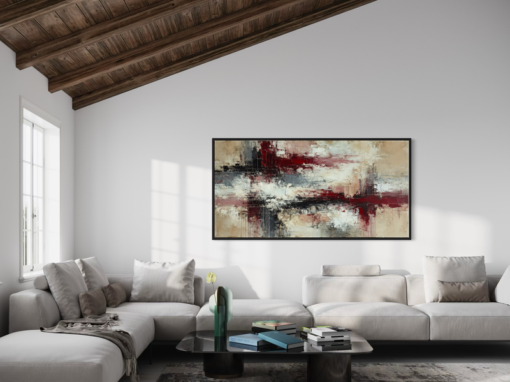 een abstract schilderij in beige en bordeauxrood