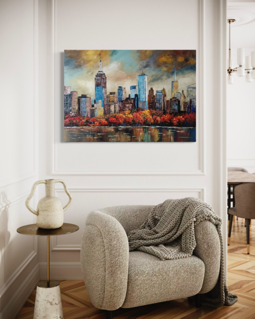 Een schilderij van de skyline van New York